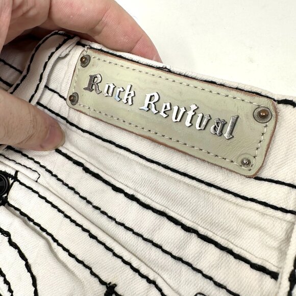 Rock Revival White Jen Demin Shorts sz S 27 Women Black Rhinestone Designs - Picture 14 of 16